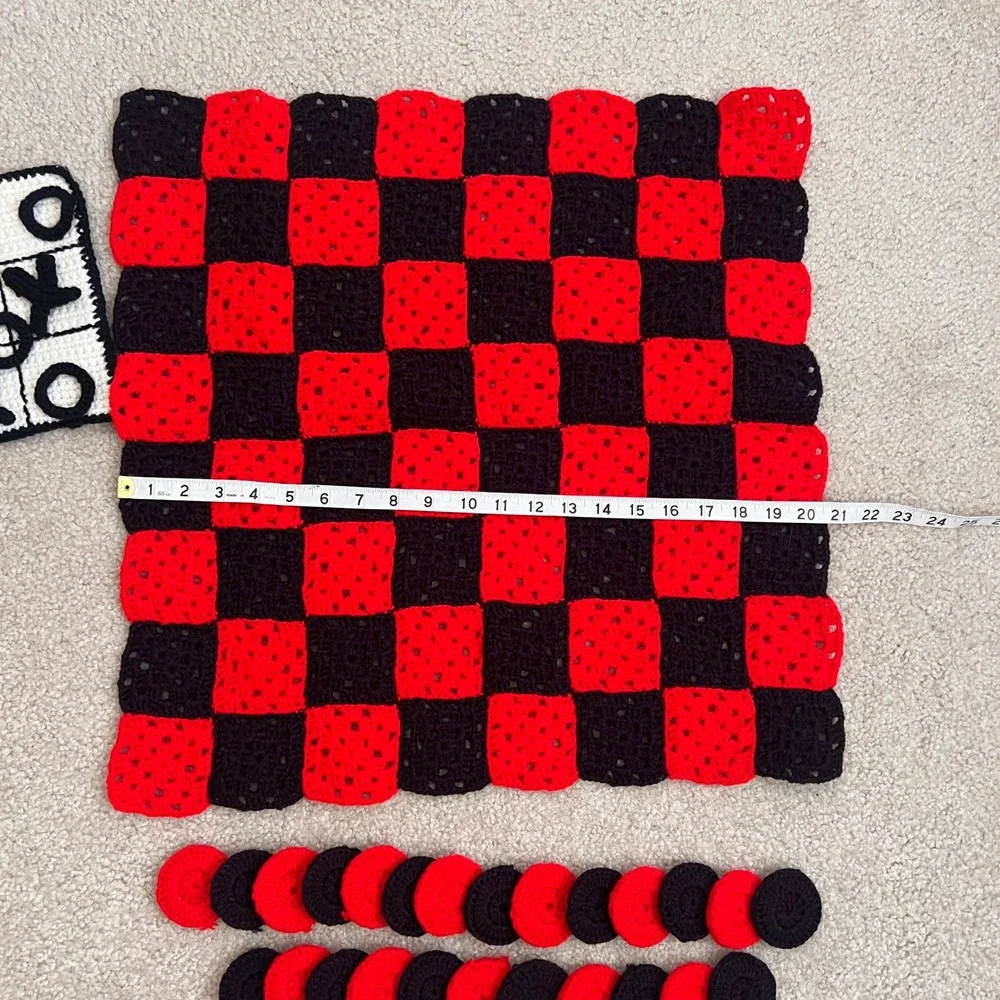 Vintage Handmade Crochet‎ Checkers and Tic Tac Toe Game Set - 2 in 1  Fun